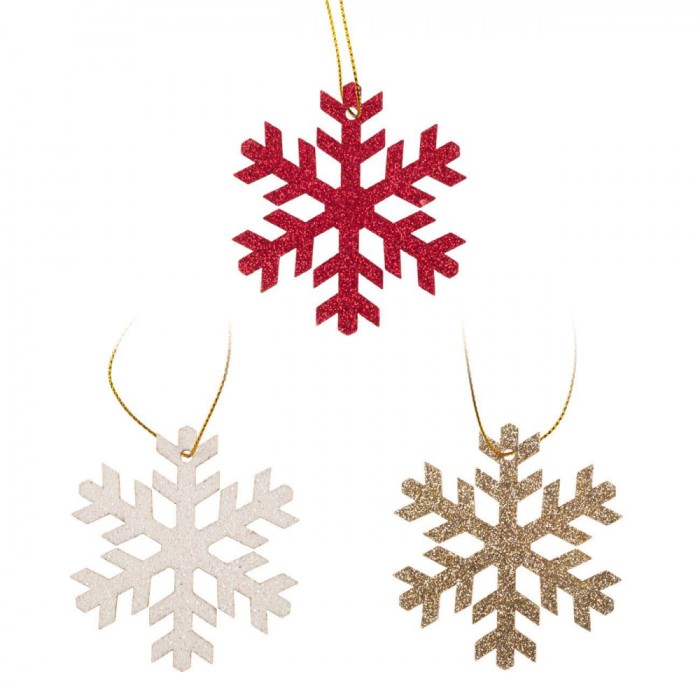 Ornamente Brad Crăciun, Fulgi Glitter, Lemn, Multicolor, 6cm, Set 8 Bucăți