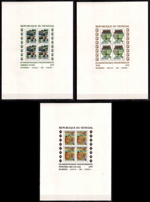 Senegal 1979, Mi #705-7 = Bl 34-36**, pictura, Hundertwasser, MNH! Cota 600 &euro;!