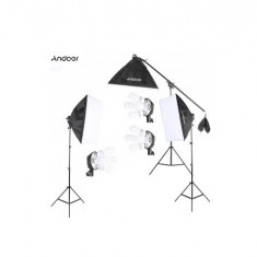 Kit studio 3 softboxur, 12 becuri 40w, macara si accesorii incluse, Negru