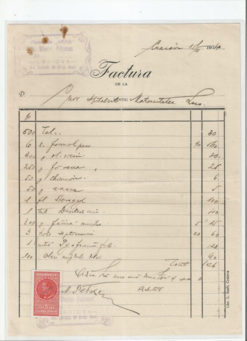 Romania, Farmacia &quot;Arab&quot;, Factura, Craiova, 1934