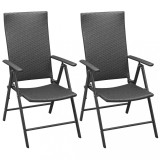 Set 2 Scaune Gradina Pliabile Gossi, Poliratan Negru, Cadru Aluminiu, Spatar Reglabil, Stivuibile