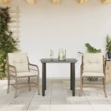 Set Bistro 3 Piese vidaXL, Poliratan Bej, Masa Sticla 80cm, Scaune cu Perne, Huse Lavabile, Gradina/Balcon