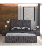 Pat Tapitat Toma Gri + Saltea Lux Ortopedica + Noptiere Tapitate 140x200cm