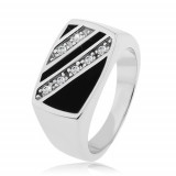 Inel argint 925, dreptunghi - linii oblice cu zirconiu transparent, luciu negru - Marime inel: 68