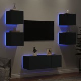 Cumpara ieftin Unități de perete TV cu LED-uri, 6 piese, negru, lemn prelucrat