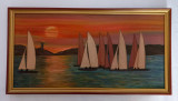 Tablou pictat in ulei pe panza Peisaj marin cu barci, 40x80 cm, Marine, Impresionism, ART