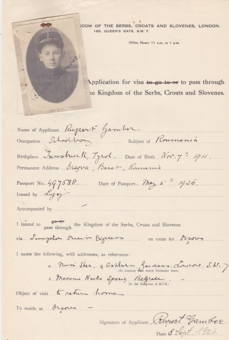 Cerere de viza pentru pentru Regatul Sarbilor Croatilor Slovenilor 1926