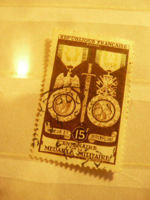 Serie 1 valoare Franta 1952 - Centenar Medalia Militara , stampilat foto