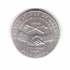 Moneda SUA 5 cents/centi 2004 D Louisiana Purchase 1803, stare foarte buna