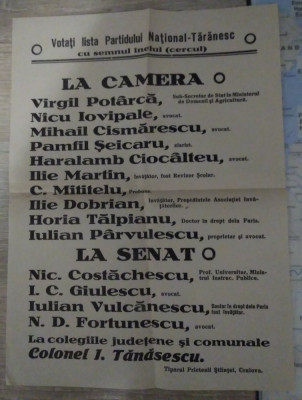Afiș electoral PARTIDUL NAȚIONAL - ȚĂRĂNESC : V. Potarca ,Pamfil Șeicaru 1930 foto