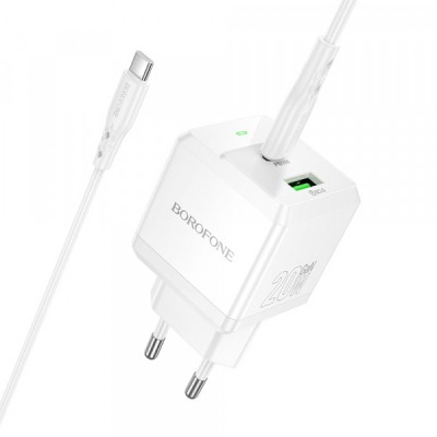 Incarcator Retea Cu Cablu USB-C Borofone BN19 Intenso, 20W, 3A, 1 x USB-A - 1 x USB-C, Alb foto