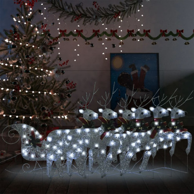 vidaXL Decor Crăciun cu reni și sanie, 140 LED-uri, argintiu, exterior foto