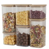 Cutii de Depozitare Alimente, Cyrax, Set din 6 Cutii de tip Container, Cutii pentru Cereale, din Plastic, Capac din Bambuc, 2pc 0.5 l. 2pc 0.8 l, 2pc