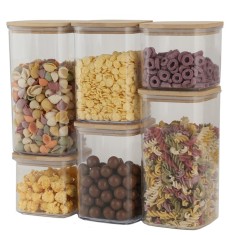 Cutii de Depozitare Alimente, Cyrax, Set din 6 Cutii de tip Container, Cutii pentru Cereale, din Plastic, Capac din Bambuc, 2pc 0.5 l. 2pc 0.8 l, 2pc