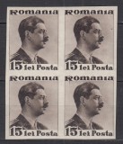 ROMANIA 1940 LP 140 REGELE CAROL II CULORI SCHIMBATE VALOAREA 15 LEI SEPIA BLOC DE 4 TIMBRE STARE MNH, Nestampilat