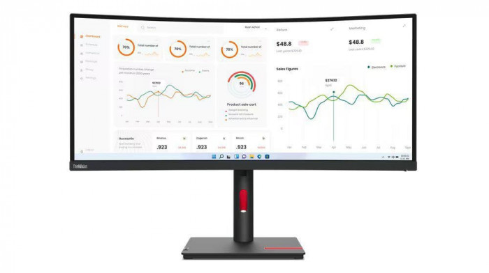 Monitor Lenovo ThinkVision T34w-30, 34&quot; (3440x1440) WLED, Anti-glare, Curvature: 1500R, Speakers: Modular Soundbar Support, View Angle (H / V): 178&deg; /