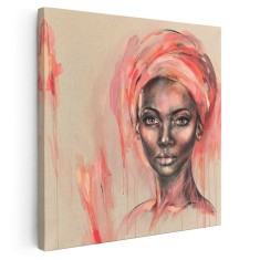 Tablou portret carbune, acrilic, femeie africana cu turban, roz 1324 Tablou canvas pe panza CU RAMA 30x30 cm