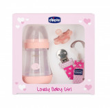 Set cadou Lovely Baby Boy biberon suzeta lantisor roz 0luni+ Chicco