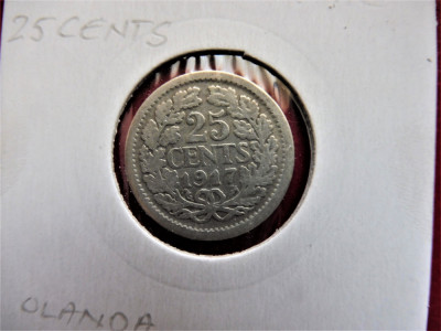 OLANDA 25 cents 1917 - Wilhelmina - Argint (157) foto