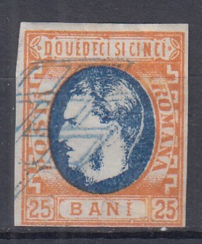 ROMANIA 1869 LP 28 CAROL I CU FAVORITI 25 BANI STAMPILAT POINCON STAMPILA DUBLU GRATAR PROBLEME DE CALITATE RUPT JOS INTRE A SI N DIN BANI foto