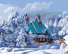Set pictura pe numere Peisaj de iarna 3144, panza bumbac pe rama lemn, 60x80 cm, tablou cu schita, 3 pensule si vopsea acrilica foto
