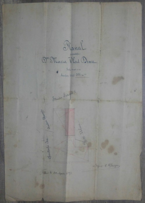 Planul proprietatei dnei Maria Vlad Dinu// facut la 24 maiu 1898