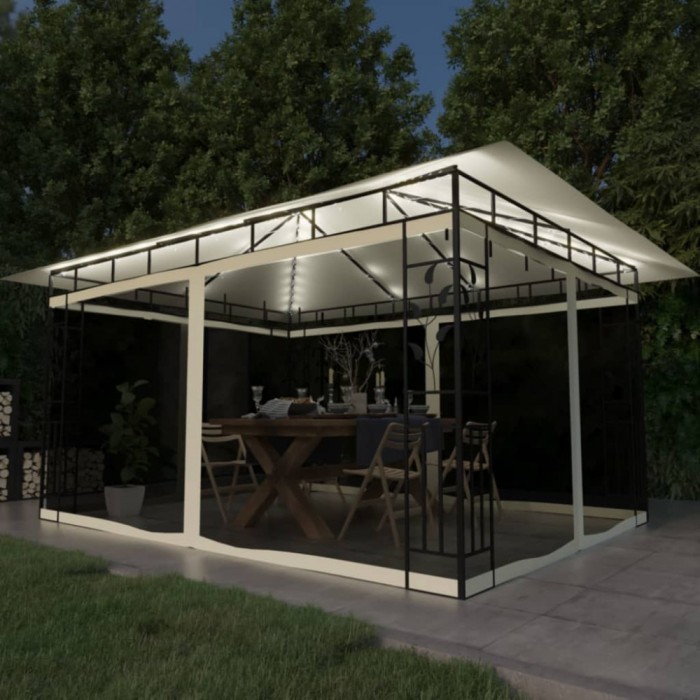 vidaXL Pavilion cu plasă anti-ț&acirc;nțari &amp; lumini LED crem 4x3x2,73m