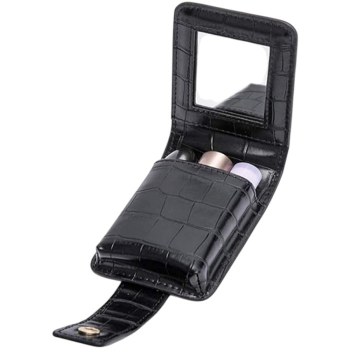 Portfard compact din piele pentru rujuri, cu oglinda si inchidere cu capsa, elegant si practic - Negru