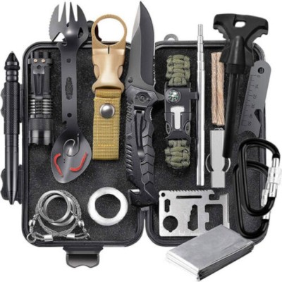 Kit de supravietuire, multifunctional, ideal pentru pentru excursii, camping, drumetii, pescuit, vanatoare, negru foto
