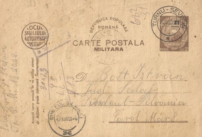 *Romania, c. p. militara (2), circulata intern, 1950