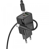 Incarcator Retea Cu Cablu Lightning HOCO N61, 20W, 3A, 1 x USB-A - 1 x USB-C, Negru, Apple