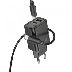 Incarcator Retea Cu Cablu Lightning HOCO N61, 20W, 3A, 1 x USB-A - 1 x USB-C, Negru