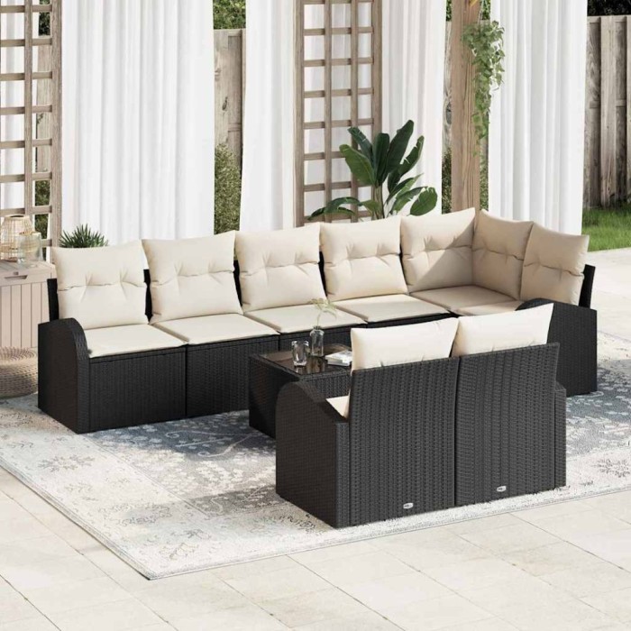 Set de canapele pentru grădină 9 pcs Negru și alb Rattan poli
