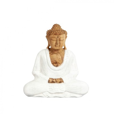 Statueta sculptata manual din lemn Suar Meditating Buddha White foto