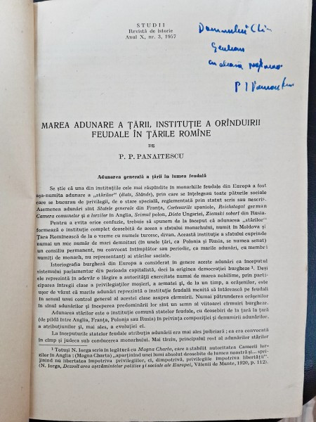 Marea Adunarea a tarii, institutie a oranduirii feudale in Tarile Romane - P.P. Panaitescu cu dedicatie