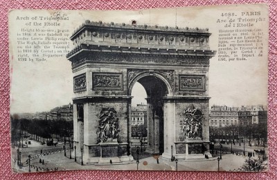 Paris - Arcul de Triumf de la &amp;Eacute;toile. Gaurita in partea de sus - Circulata spre Romania in 1921 foto