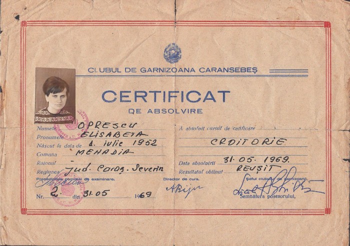 A3113N Certificat de absolvire al cursului de croitorie, Clubul de garnizoană Caransebeș, 1969