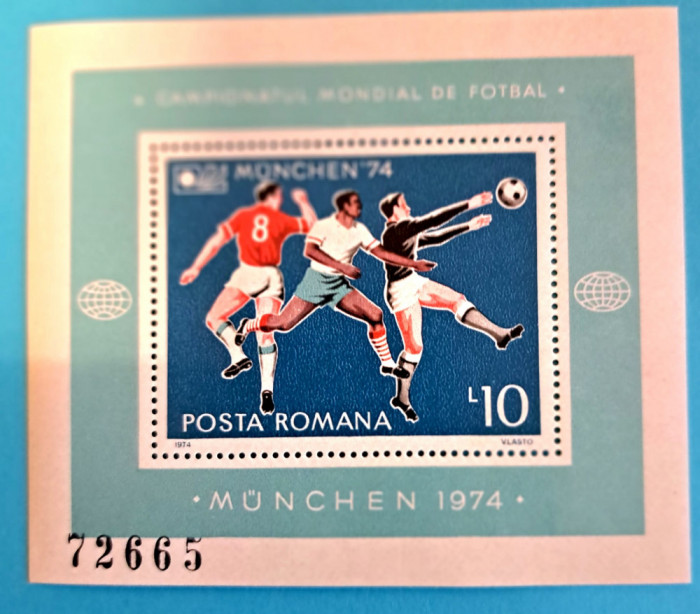 TIMBRE ROMANIA LP852/1974 C.M. de Fotbal Munchen -Colita dantelata -MNH