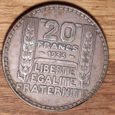 Franta - moneda mare 20 gr. argint - 20 franci francs 1933 - XF+ superb patinata