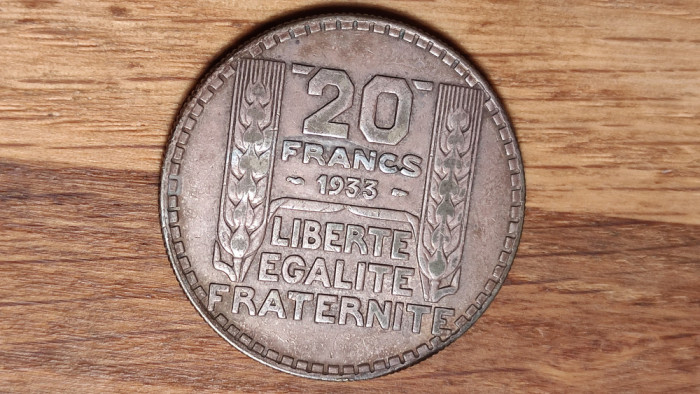 Franta - moneda mare 20 gr. argint - 20 franci francs 1933 - XF+ superb patinata