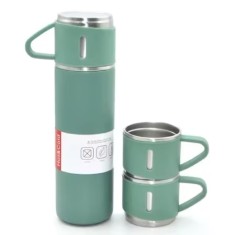 Set 3 piese, cu termos si 2 cani, capacitate 500ml, din metal si silicon, cu capac ermetic, BPA Free, verde