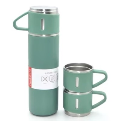 Set 3 piese, cu termos si 2 cani, capacitate 500ml, din metal si silicon, cu capac ermetic, BPA Free, verde foto