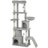 Pawhut Ansamblu de joacă pentru Pisici de 170 cm cu 7 St&acirc;lpi Zg&acirc;riători, 2 Căsuțe, Hamac, Gri Deschis | Aosom Romania