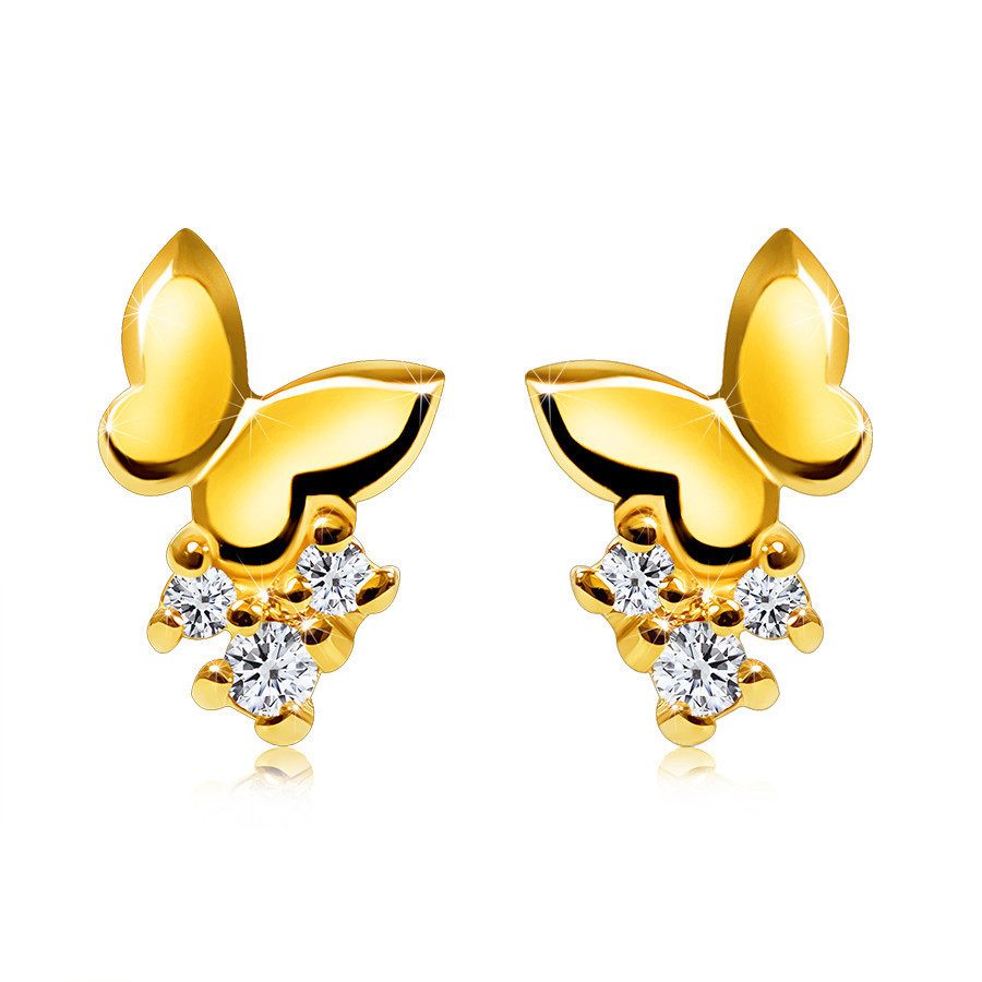 Cercei din aur galben 585 -fluture strălucitor, lustruit în oglindă,  diamante rotunde, transparente, știfturi | Okazii.ro