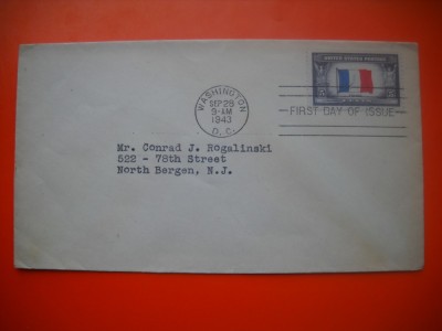HOPCT PLIC S FDC NR 759 FRANTA - DRAPEL -1943 -SUA -CIRCULAT foto