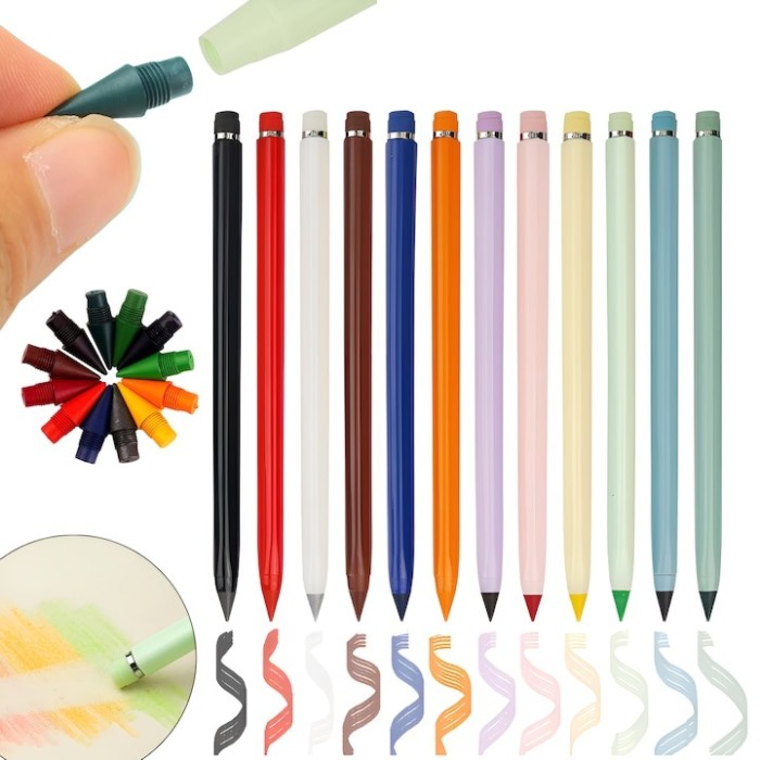 Set 12 Creioane Fără Ascuțire Salestore.ro&reg; &ndash; HB, Radieră, Plastic Ecologic, Durabile, 17cm, Multicolor