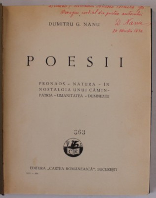 DEDICATIA LUI DUMITRU G. NANU PE VOLUMUL &amp;#039; POESII &amp;#039; , 1934 foto