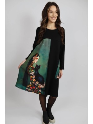 ROCHIE MIDI CU MANECA LUNGA SI BUZUNAR APLICAT CAT MELEK TALIE UNICA Multicolora foto