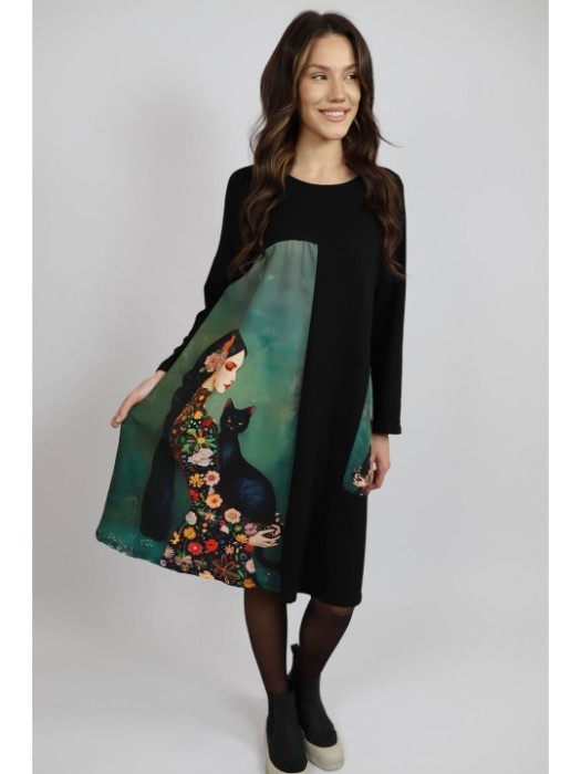 ROCHIE MIDI CU MANECA LUNGA SI BUZUNAR APLICAT CAT MELEK TALIE UNICA Multicolora