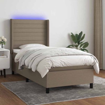 vidaXL Pat cu arcuri, saltea și LED, gri taupe, 90x190 cm, textil 3138361 foto